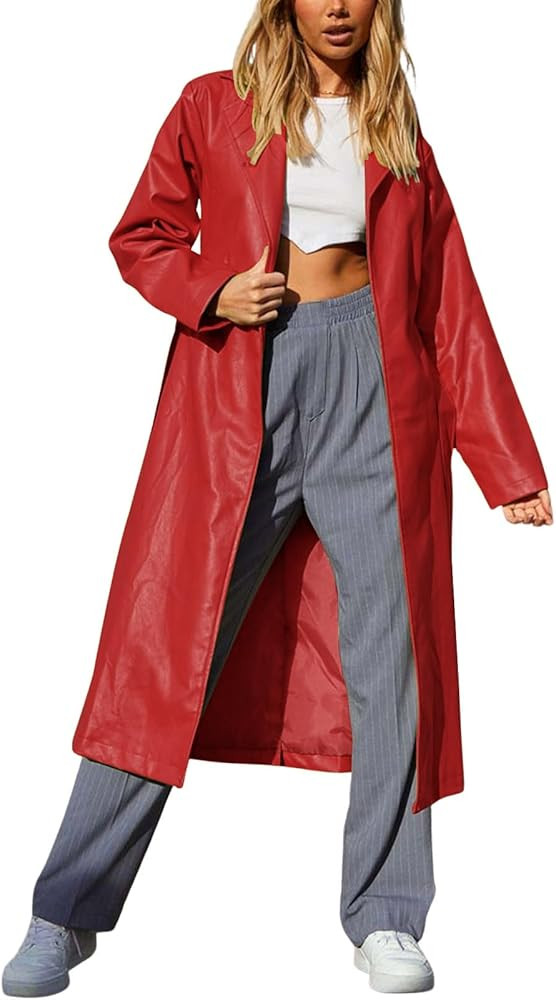 chouyatou Women's Casual Lapel Open Front Pu Faux Leather Long Trench Coat with Belt | Amazon (US)