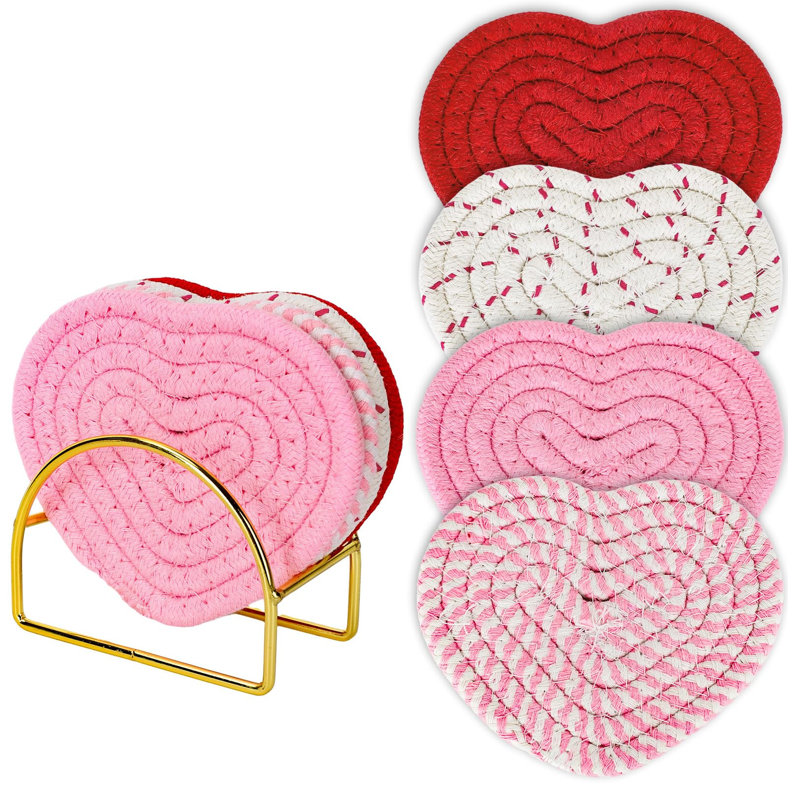 Whaline Valentine's Day Heart Coasters Handmade Braided Cotton Coasters Pink Red Cup Mat with Gol... | Amazon (US)