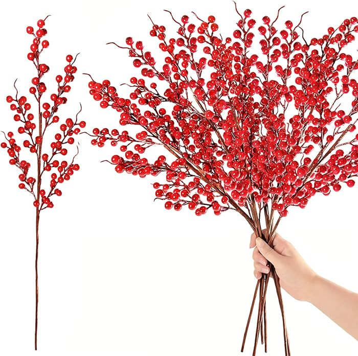 8 Pcs Artificial Red Berry Stems,25.6 Inch Christmas Holly Berry Branches,Faux Berries Fake Flowe... | Amazon (US)