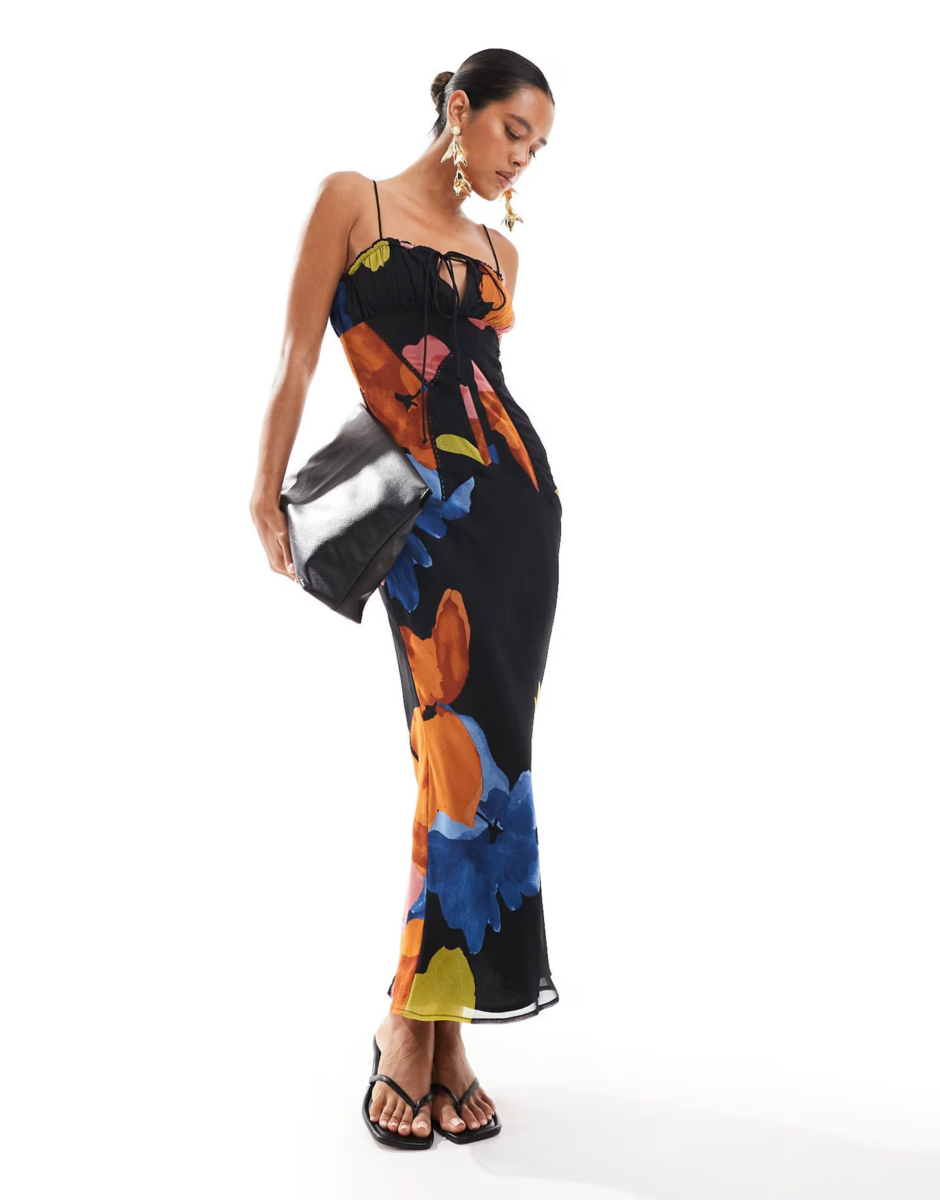 ASOS DESIGN off the shoulder chiffon bias cut midi dress in black floral print | ASOS | ASOS (Global)