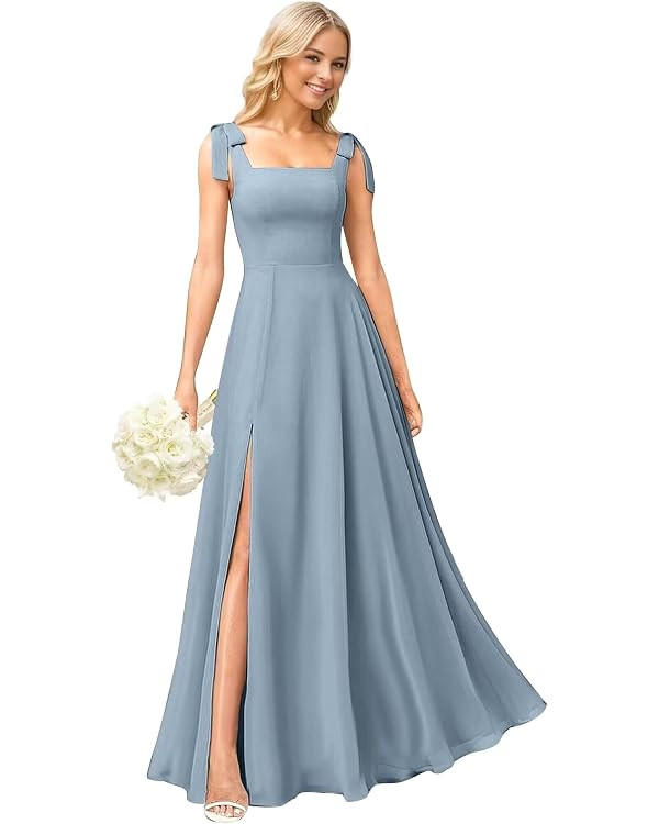 Chiffon Bridesmaid Dresses with Bow Square Neck Long Maxi Modest Formal Wedding Guest Dresses for... | Amazon (US)