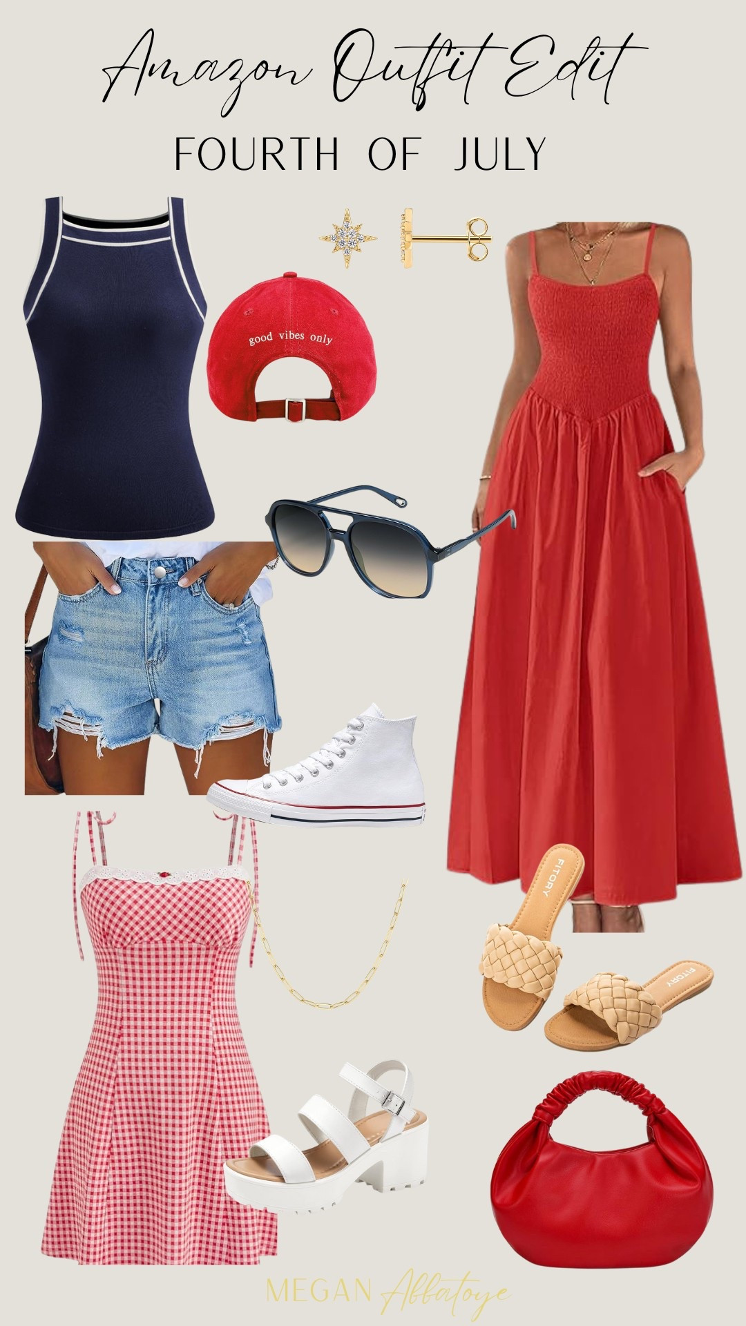 Amazon Fourth of July Outfit Ideas - tank tops, cutoff denim shorts, sunglasses, baseball caps, maxi dresses, mini dresses, sandals, platforms, sneakers, earrings, necklaces, handbags. 

#LTKFindsUnder100 #LTKSummerEdit #LTKSeasonal