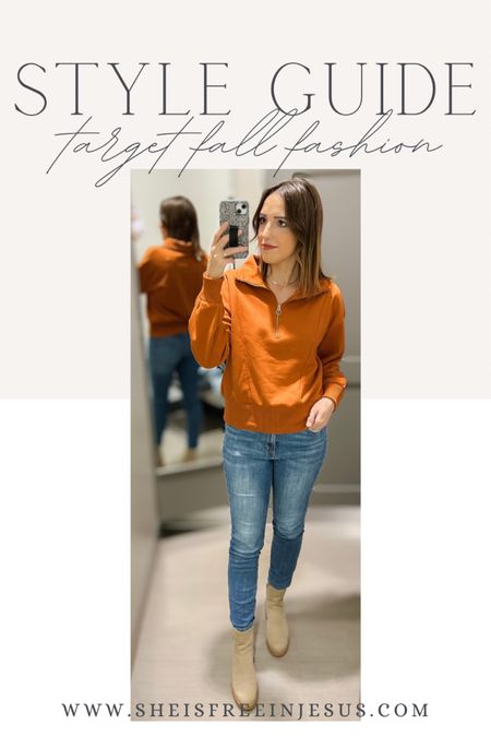 Target fall outfits 
Orange quarter zip sweatshirt - TTS, M
Skinny jeans - TTS
Chelsea booties - TTS 

#LTKfindsunder50 #LTKstyletip #LTKSeasonal