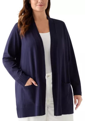 cable & gauge Women's Plus Size Solid Rib Trim Open Cardigan, Navy Blue, 2XL | Belk