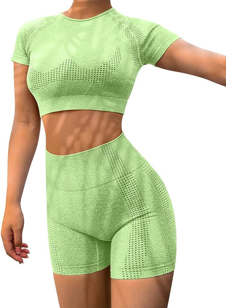 HYZ Yoga 2 Piece Outfits Workout Running Crop Top Seamless High Waist Shorts Sets | Amazon (US)