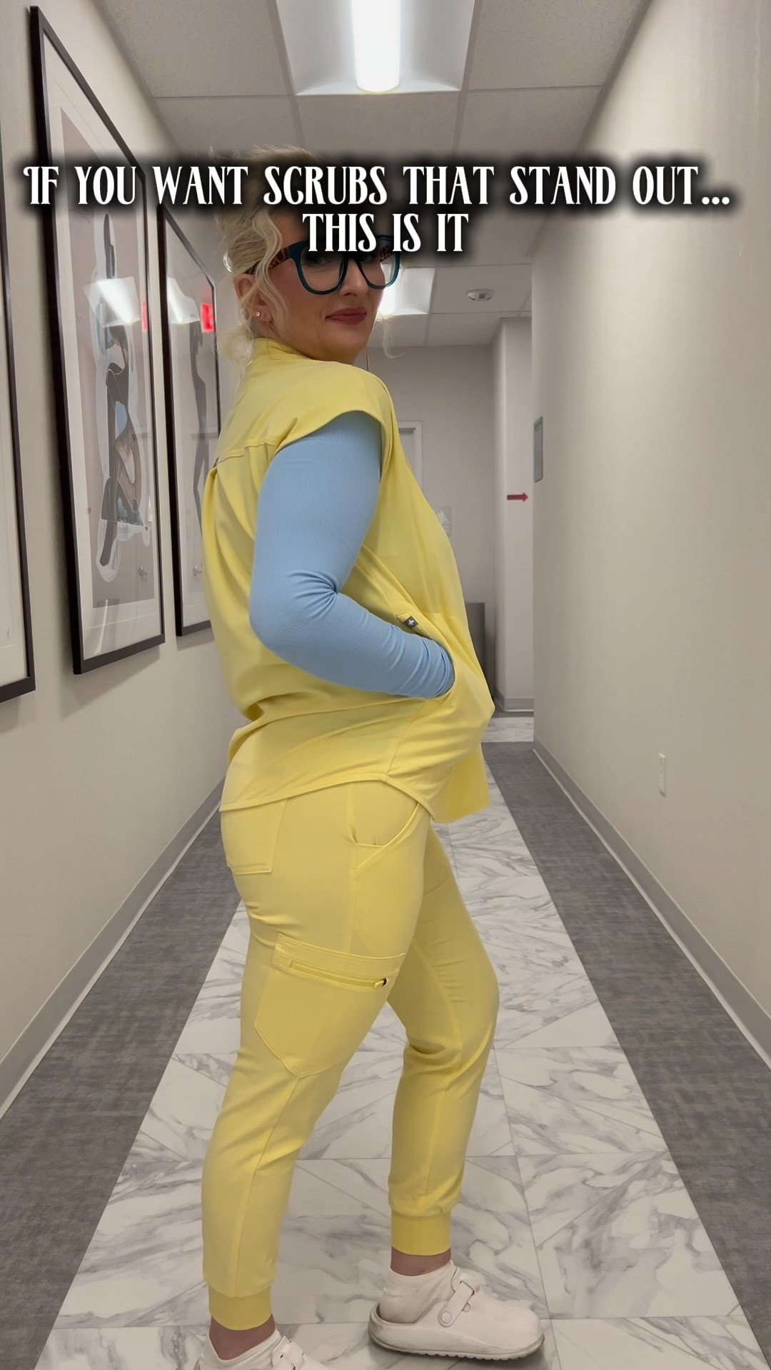 Bright yellow scrub set with a flattering fit and comfortable feel. Easy to move in and perfect for long shifts. Everything is linked here.