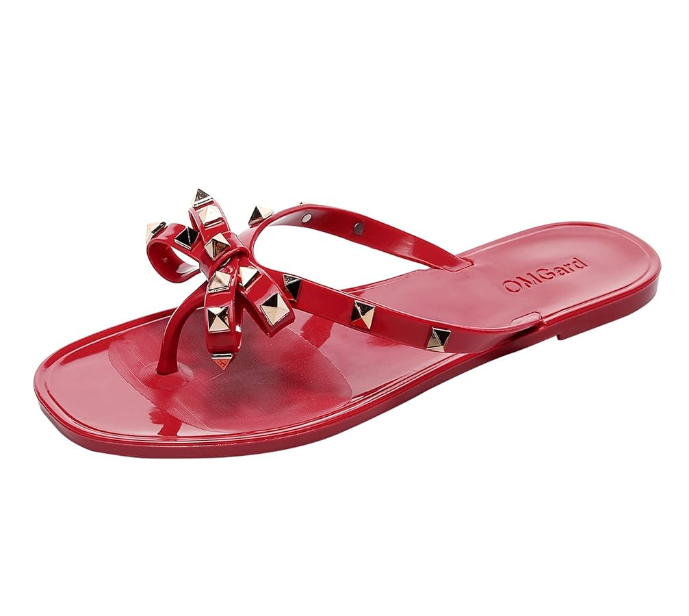 Womens Studded Sandals Bow Flip Flops Jelly Shoes Womens Beige Jellies Flat Size 7, Summer Beach ... | Amazon (US)