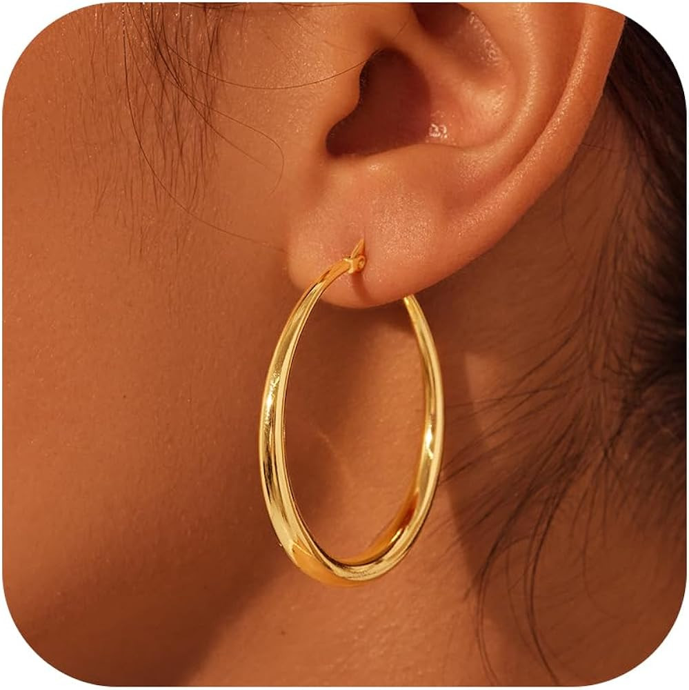 Large 14K Real Gold Plated Hoop Earrings for Women Big Lightweight Gold Hoop Earrings for Jewelry... | Amazon (US)