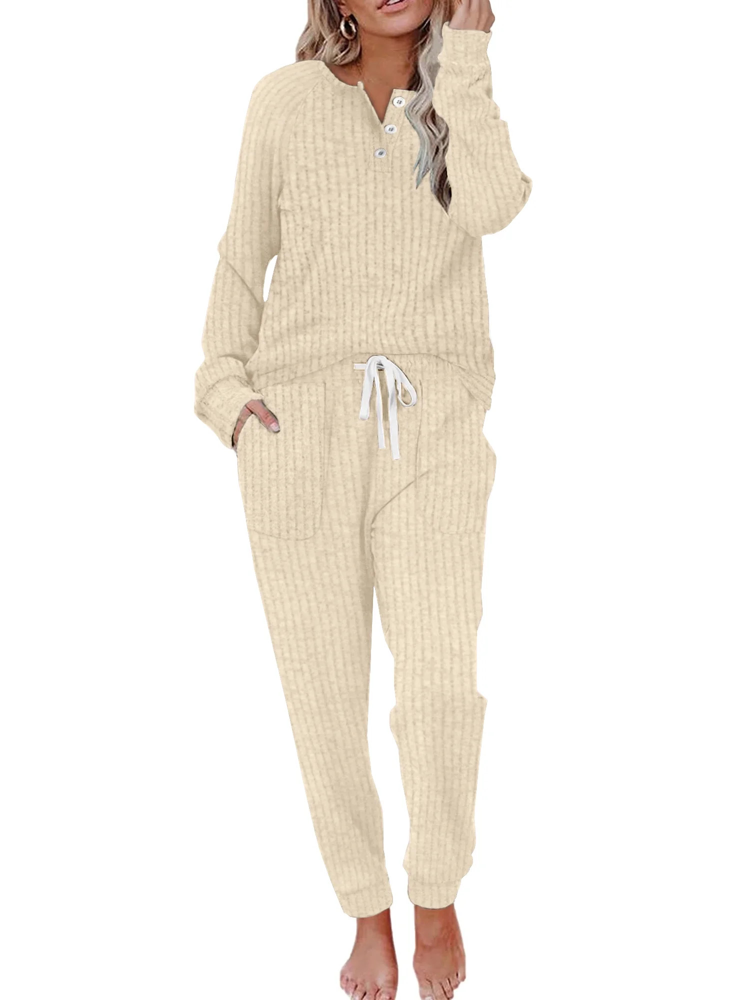 MOSHU Two Piece Womens Pajama Sets Button Down Shirts and Drawstring Pants with Pockets Solid Lou... | Walmart (US)