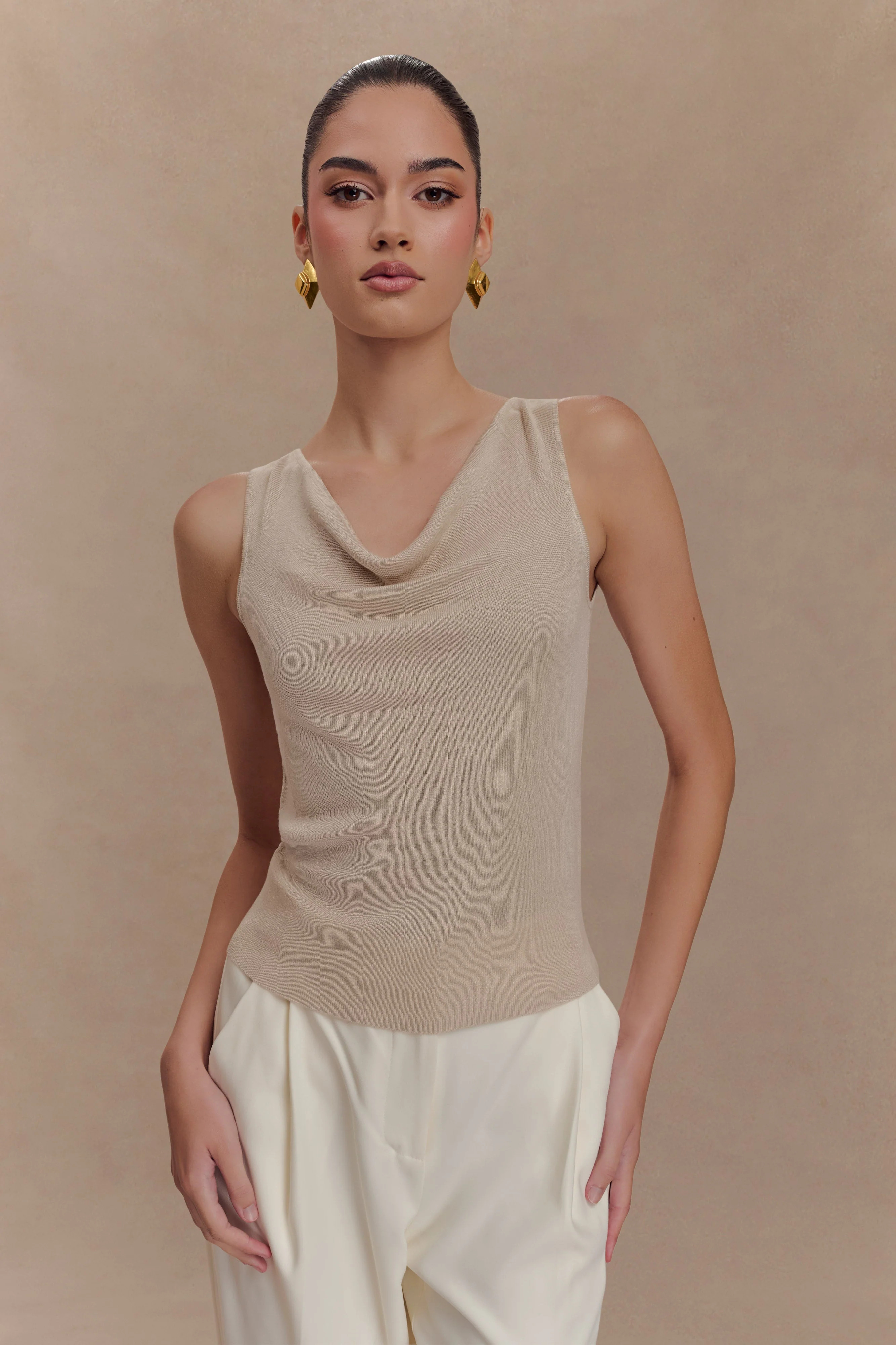 Brenda Draped Front Knit Top - Stone | MESHKI US
