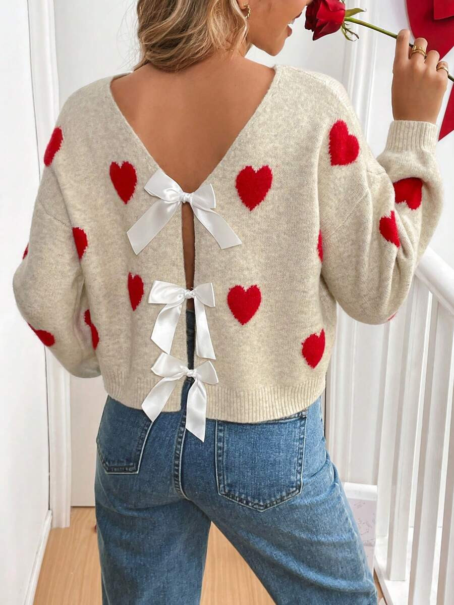 SHEIN Frenchy French Crew Neck Red Valentine Heart Back Tie Warm Long Sleeve Sweater Christmas Sw... | SHEIN