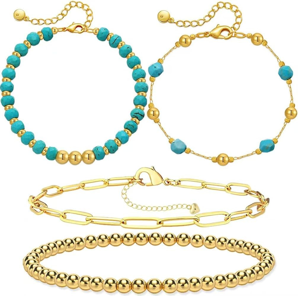 Myofeng 4 Pcs Turquoise Bracelets Bohemian wind 14K Gold Beaded Bracelets Stackable Adjustable Pa... | Amazon (US)