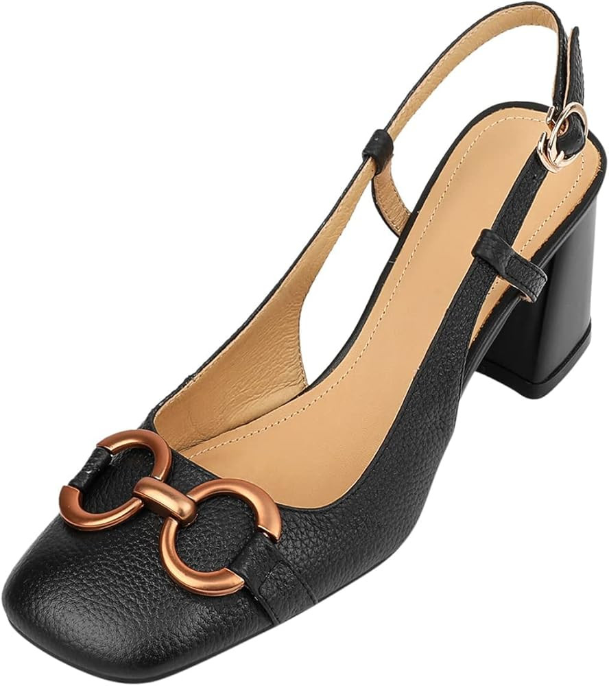 Women's Slingback Square Toe Chunky High Heels Sandals Ankle Buckle Dress Summer Pumps | Amazon (US)