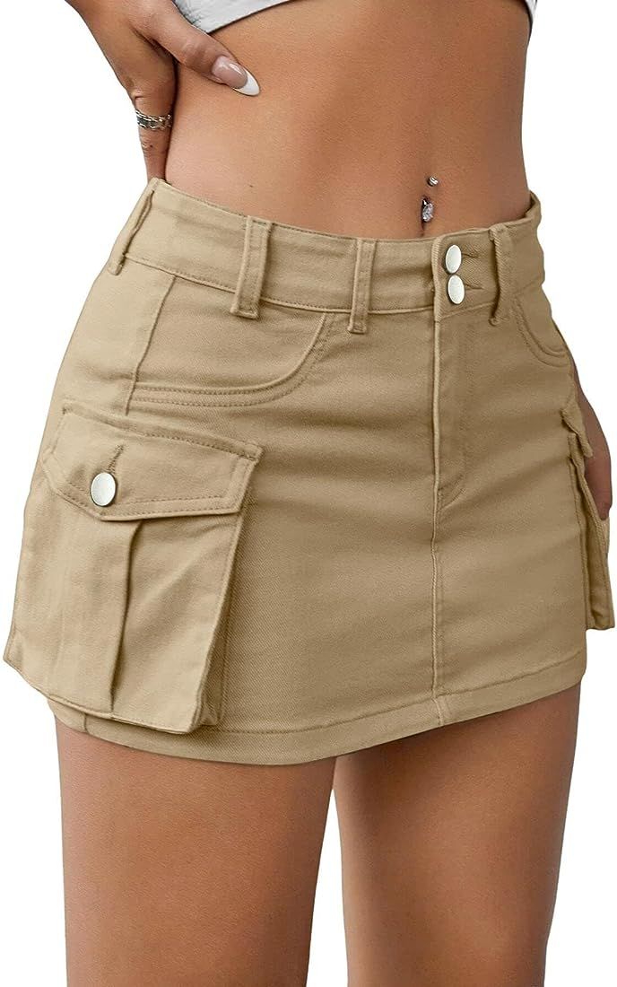 Women's Low Waist Cargo Skirt Button Mini Cargo Denim Skirt with Pocket | Amazon (US)
