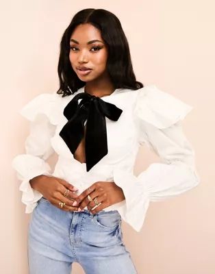 ASOS LUXE cotton poplin ruffled top with contrast velvet pussybow in white | ASOS (Global)