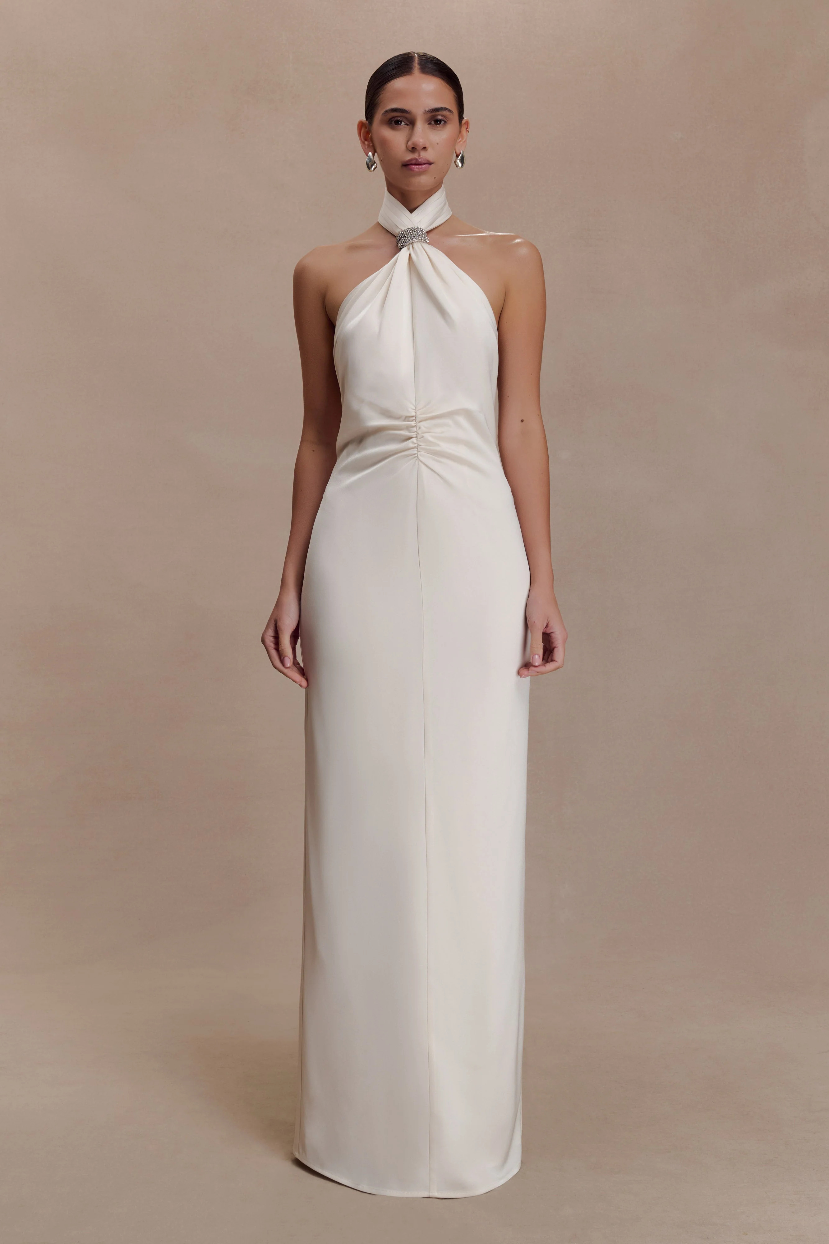 Halter Maxi Dress With Hardware - Blush Ivory | MESHKI US