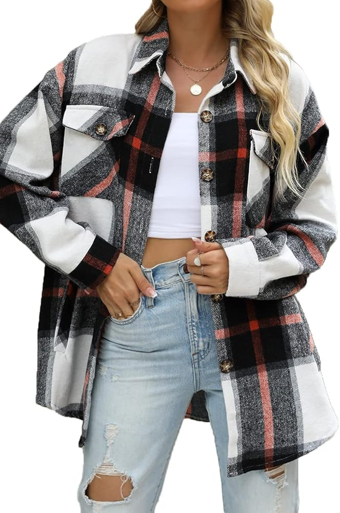 CHYRII Women's Casual Flannel Plaid Shacket Button Down Long Sleeve Shirt Jacket Coats | Amazon (US)