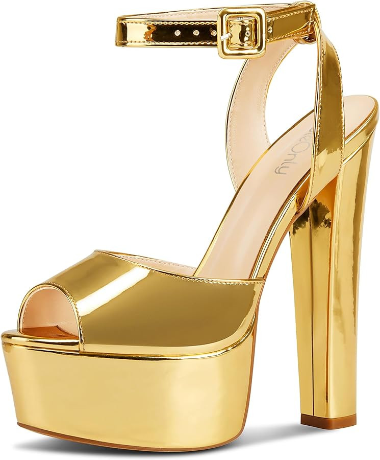 NobleOnly Womens High Block Platform Heel Peep Toe Ankle Strap Sandals Buckle Prom Dress Shoes 5.... | Amazon (US)