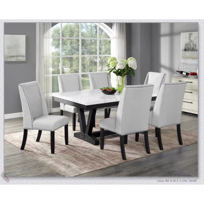 7pc Dining Set with White Genuine Marble Table and Dove Gray Upholstery Chairs, Contemporary Style for Modern Homes | Wayfair North America