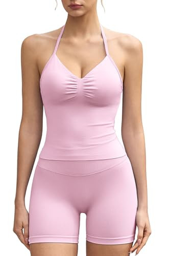 QINSEN 2 Piece Workout Sets for Women Padded Sports Tank High Waist Booty Tummy Control Gym Shorts Yoga Outfits Pink S | Amazon (US)