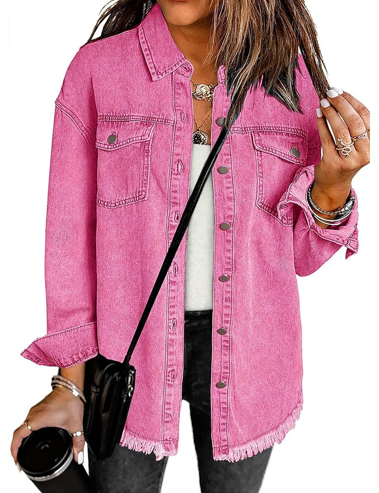 luvamia Denim Jacket for Women Oversized Button Down Casual Jean Shacket Jackets Long Sleeve Fray... | Amazon (US)