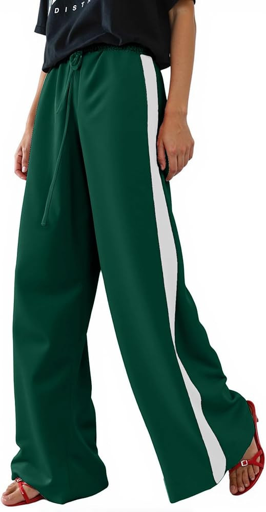 Women's Casual Pants Drawstring Leopard Print Color Block Side Striped Straight Leg Wide Leg Loos... | Amazon (US)