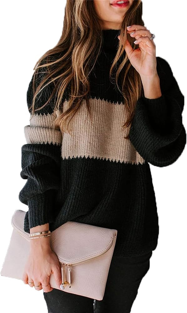 Angashion Women Sweaters-Oversized Chunky Knit Color Block Drop Shoulder Batwing Sleeve Pullover ... | Amazon (US)