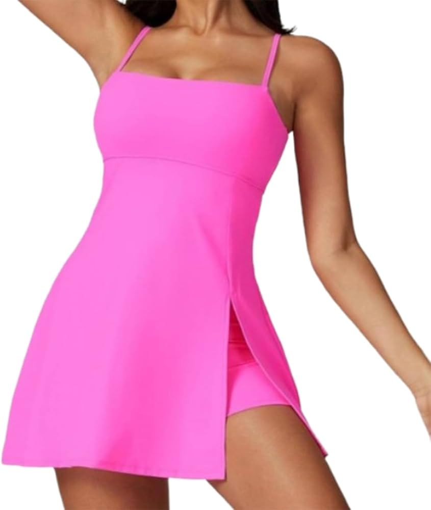 2 in 1 Split Hem Sports Dress with Built in Shorts and Bra, Women's Spaghetti Strap Backless Tenn... | Amazon (US)