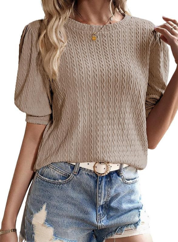 SHEWIN Womens Summer Tops 2024 Casual Short Puff Sleeve Top Crewneck T Shirts | Amazon (US)