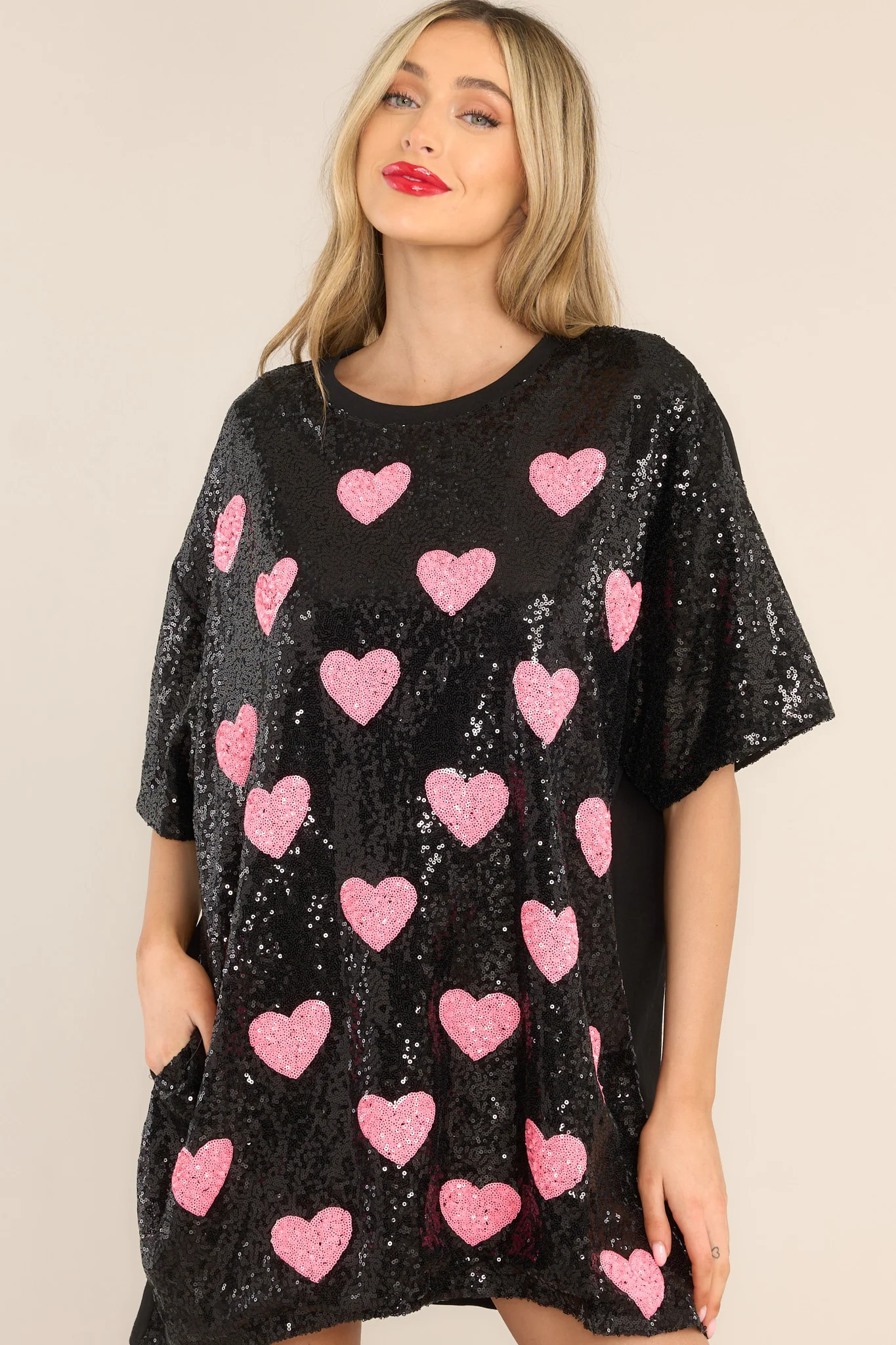 The Moment Black Sequin Heart Shirt Dress | Red Dress 