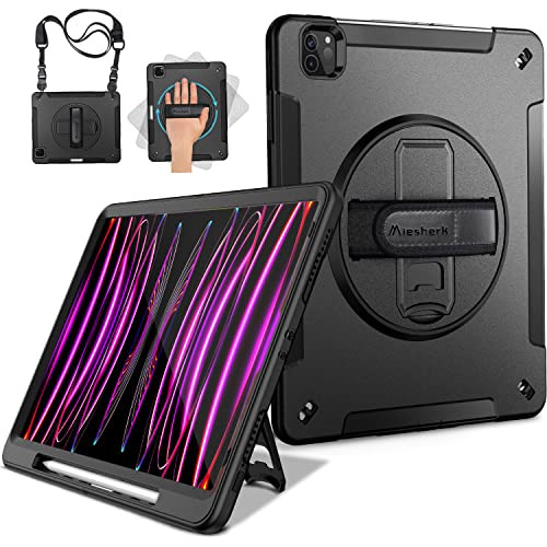 Miesherk Case for iPad Pro 12.9 Inch 6th/5th/4th Generation, Military Grade Heavy Duty Shockproof iPad Pro 12.9 Case - Rotating Stand, Pencil Holder, Hand/Shoulder Strap, Black | Amazon (US)