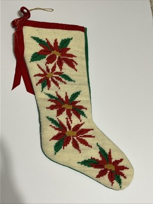 Vintage Poinsettia 17" Wool Tapestry Christmas Needlepoint Stocking | eBay US