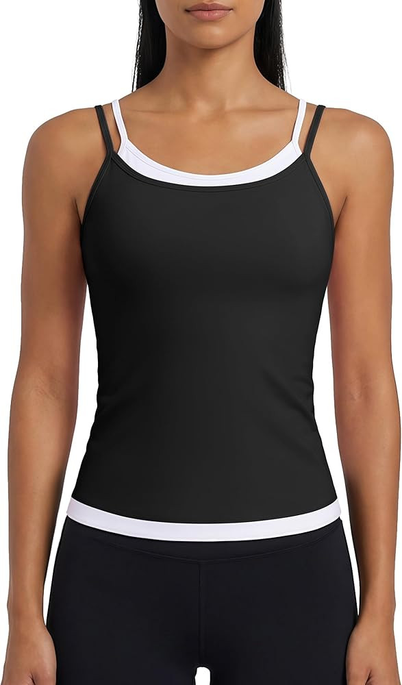 ATTRACO Women Double Spaghetti Strap Workout Tank Tops Ruched Athletic Tank Top with Bulit in Bra... | Amazon (US)
