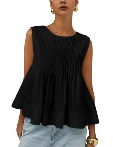 Yimoon Womens Peplum Tops Pleated Ruffle Tank Top Y2K Sleeveless Blouse Summer Flowy Babydoll Shirts(Black-M) | Amazon (US)