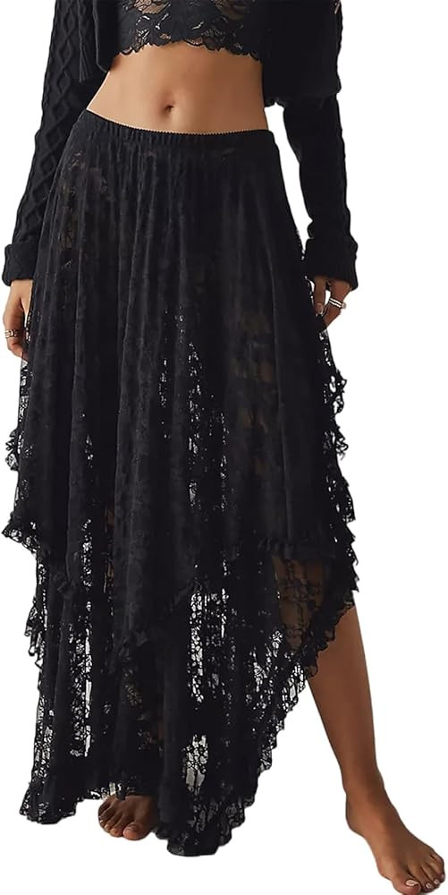 Arssm Women Long Lace Skirts Elastic Asymmetrical Layered Sexy See-Through Beach Floral Maxi Shee... | Amazon (US)