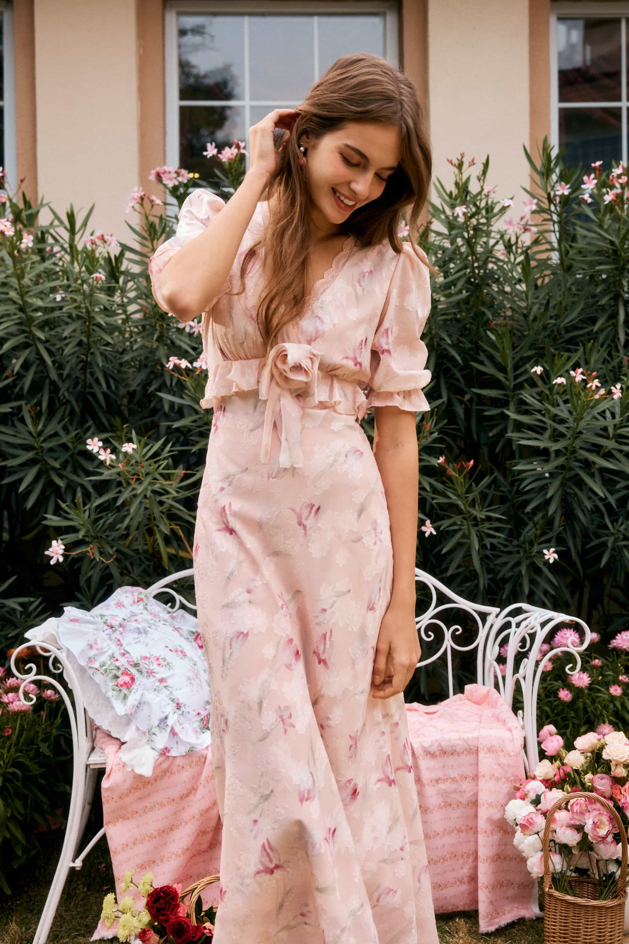 Archie Applique Chiffon Maxi Dress in Shell Pink | American Heiress