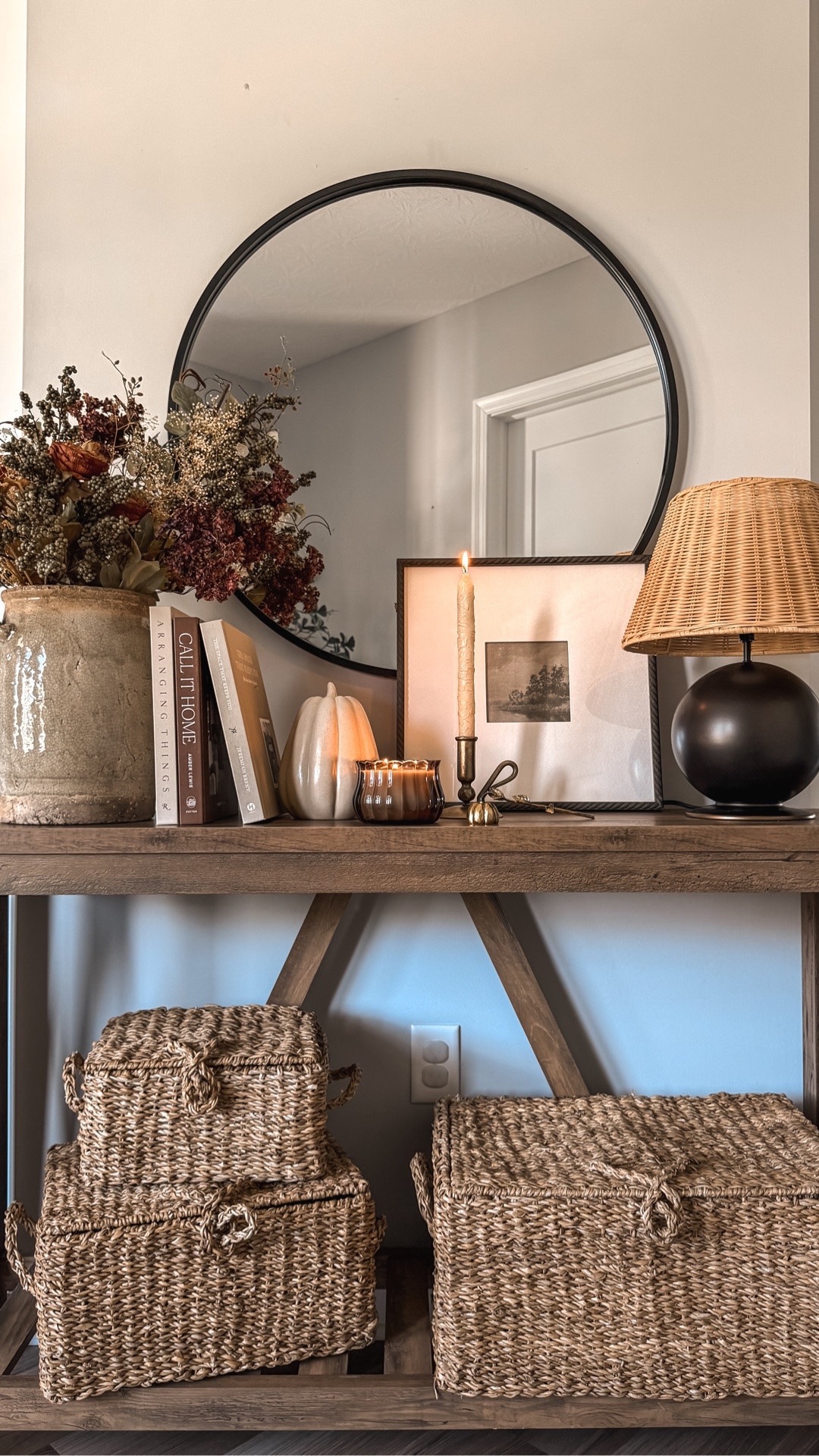 Fall console styling, fall decor, fall styling, fall entryway, table styling, vase styling, fall stems, faux florals, table lamp, basket storage, fall candle, seasonal decor

#LTKHome #LTKSeasonal