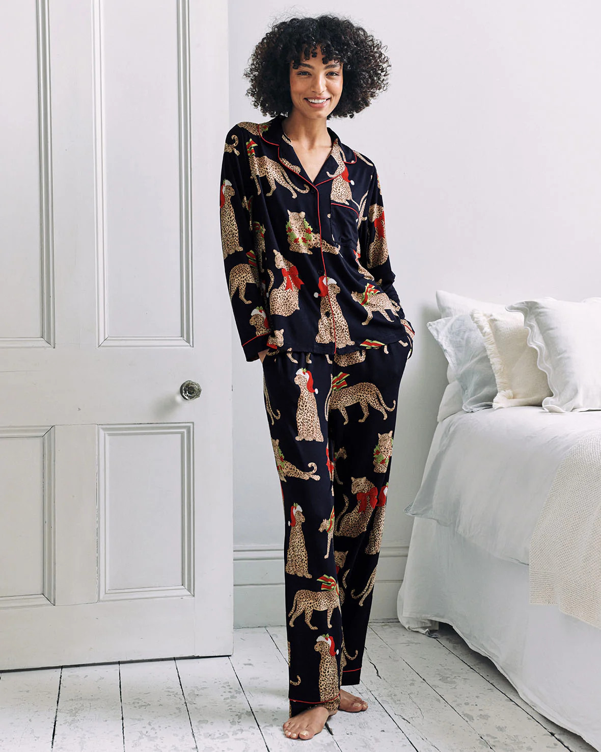 Christmas Leopard Print Long Pyjama Set | Chelsea Peers NYC
