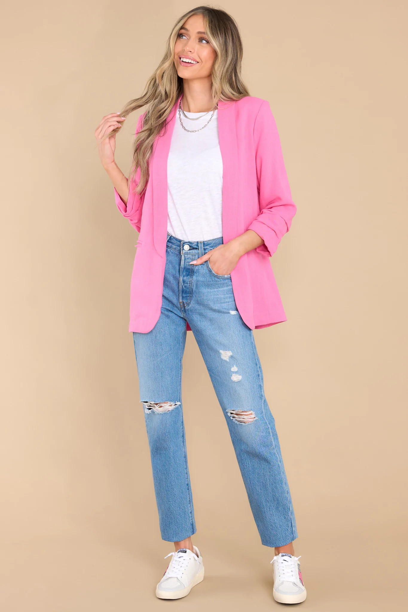 It's My Call Pink Blazer | Red Dress 