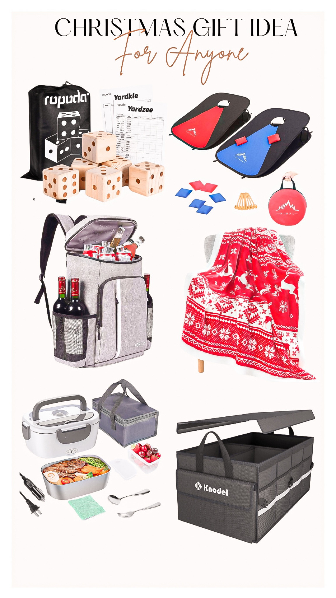 Last minute gift ideas 🎁🎄

Yard games  always come in handy for someone who loves to host! How easy is this portable corn hole game - easy to store to bring to a picnic, camping , reunion etc 

I own the cooler / picnic basket - it was a wedding gift and we love it. 

Can’t go wrong with a cozy blanket 

How genius is a heated lunchbox! So great to up your lunch on the go game ! 😊

Thinking outside the box- I think a car organizer is such a useful gift. It’s most likely  an item that someone wouldn’t buy for themselves because they may not find it a necessity but so great for parents or those on the go a lot! 👏

Gifts for him, gifts for her, gift guide, gifts for parents, gifts for host, white elephant , gift exchange, coworker gift, yard games, picnic backpack, cooler backpack, cozy blanket,  heated lunch box, car organized , portable corn hole game 

#LTKGiftGuide #LTKHoliday #LTKfindsunder100