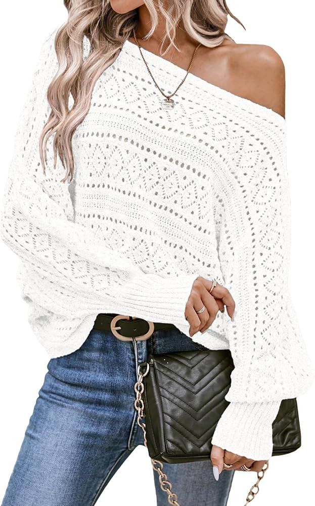 EVALESS Women's Crochet Boat Neck Long Sleeve Loose Fit Sweaters Fall Winter Clothes for Women Fa... | Amazon (US)
