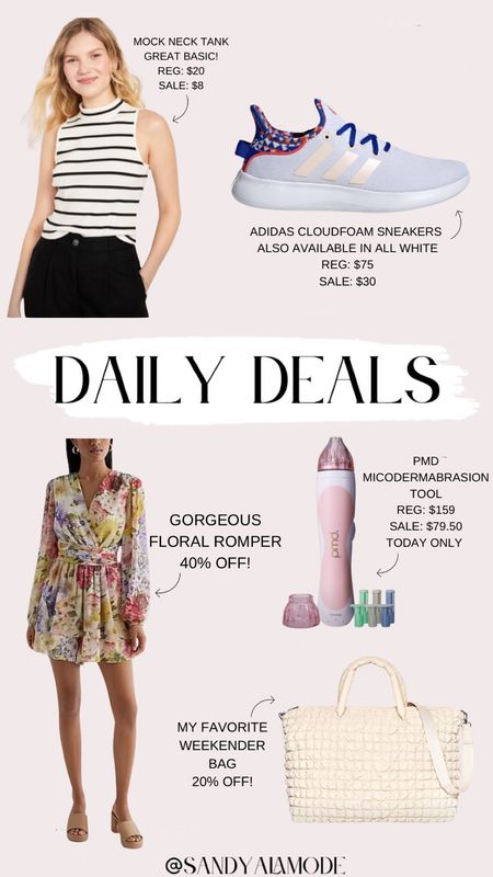 Daily deals // ulta beauty deals // PMD microdermabrasion // skincare // adidas CLOUDFOAM // spring outfit // summer outfit // floral romper // wedding guest dress // weekender bag // basic tank // striped tank 

#LTKsalealert