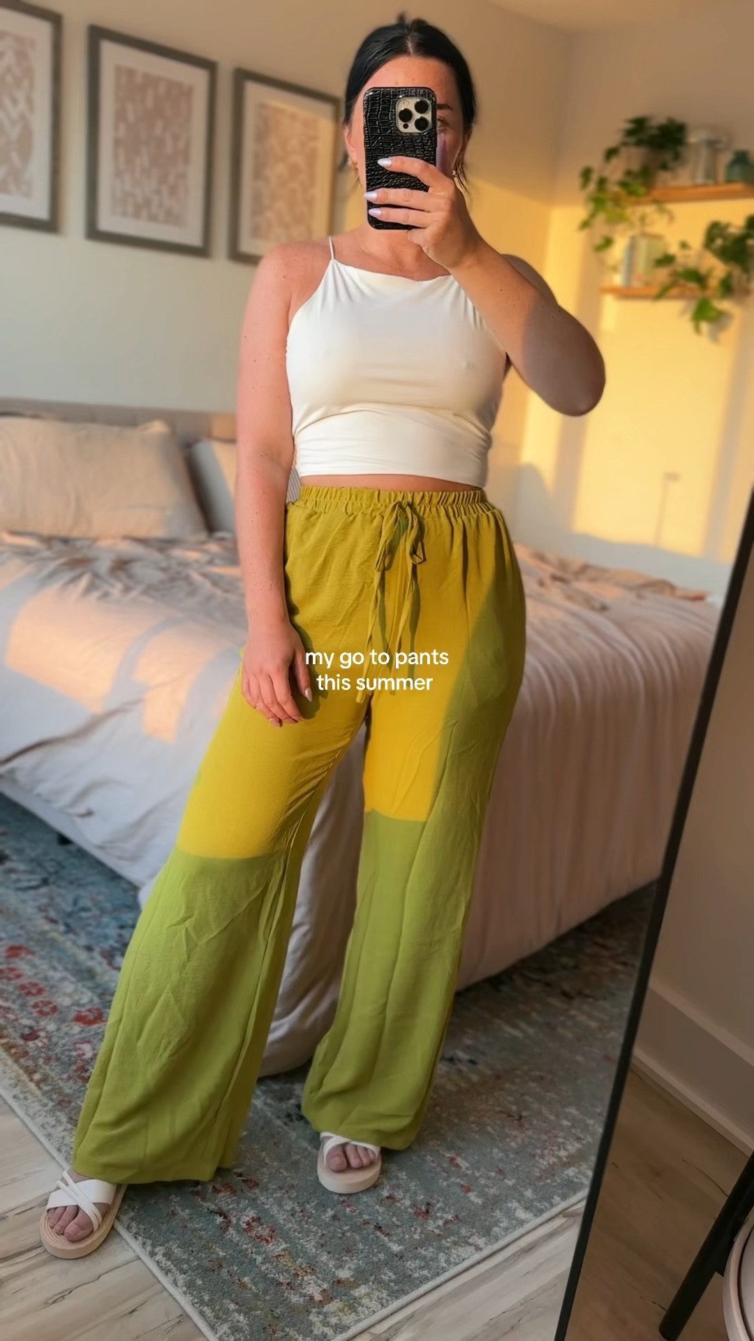 White cropped tank top and green linen pants with elastic waistband- summer outfit -colorful outfit- shien find

#LTKStyleTip #LTKFindsUnder50 #LTKSeasonal