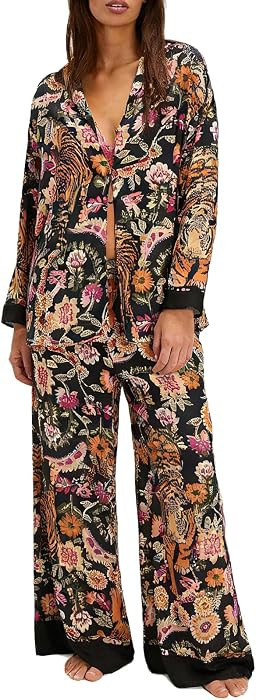 Fenghualzzniya Women Satin Pajama Set Floral Silk Pajamas 2 Piece Lounge Sets Button Down Shirts ... | Amazon (US)