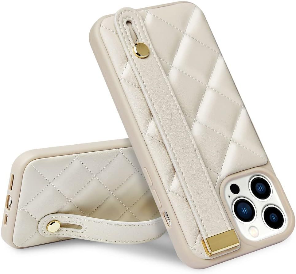 ZVE iPhone 14 Pro Quilted Leather Case, Shockproof Stand Cover - Beige | Amazon (US)