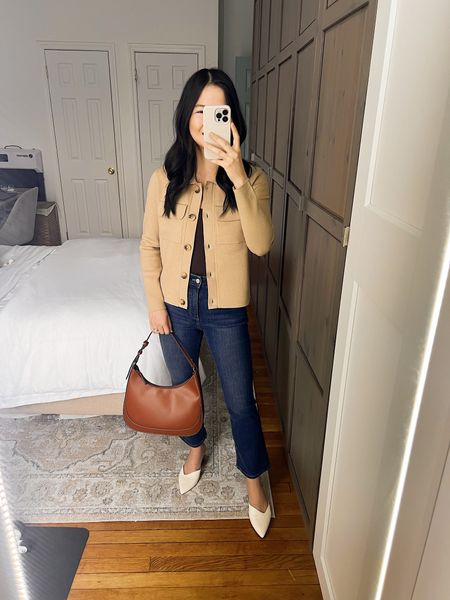 Tan sweater jacket (XS)
Brown tank top (XS/S)
High waisted jeans (4P)
Brown bag
White pumps (1/2 size up)
Smart casual outfit 
Business casual outfit 
Neutral work outfit 
Spring work outfit 
Neutral outfit 
Ann Taylor outfit
Teacher outfit

#LTKfindsunder100 #LTKworkwear #LTKSeasonal