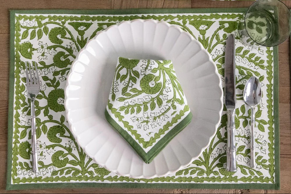 Cactus Flower Green Block Printed Floral Placemats | Set of 4 | Pomegranate