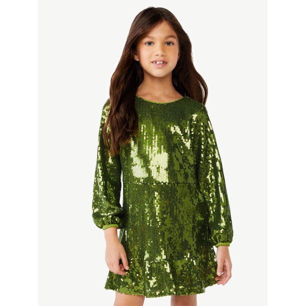 Scoop Girls Ruffle Tier Sequin Dress with Long Sleeves, Sizes 4-12 - Walmart.com | Walmart (US)