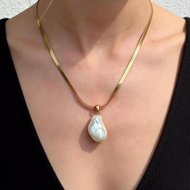 Baroque Pearl Pendant Necklace, Gold Snake Chain Necklace | Etsy (Global)