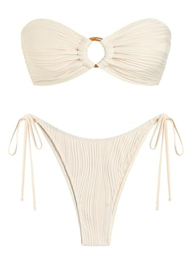 ZAFUL Women's Bandeau Bikini Strapless O Ring Lace Tie Back High Cut Two Piece Swimsuit Bathing Suits(5-Beige,M) | Amazon (US)